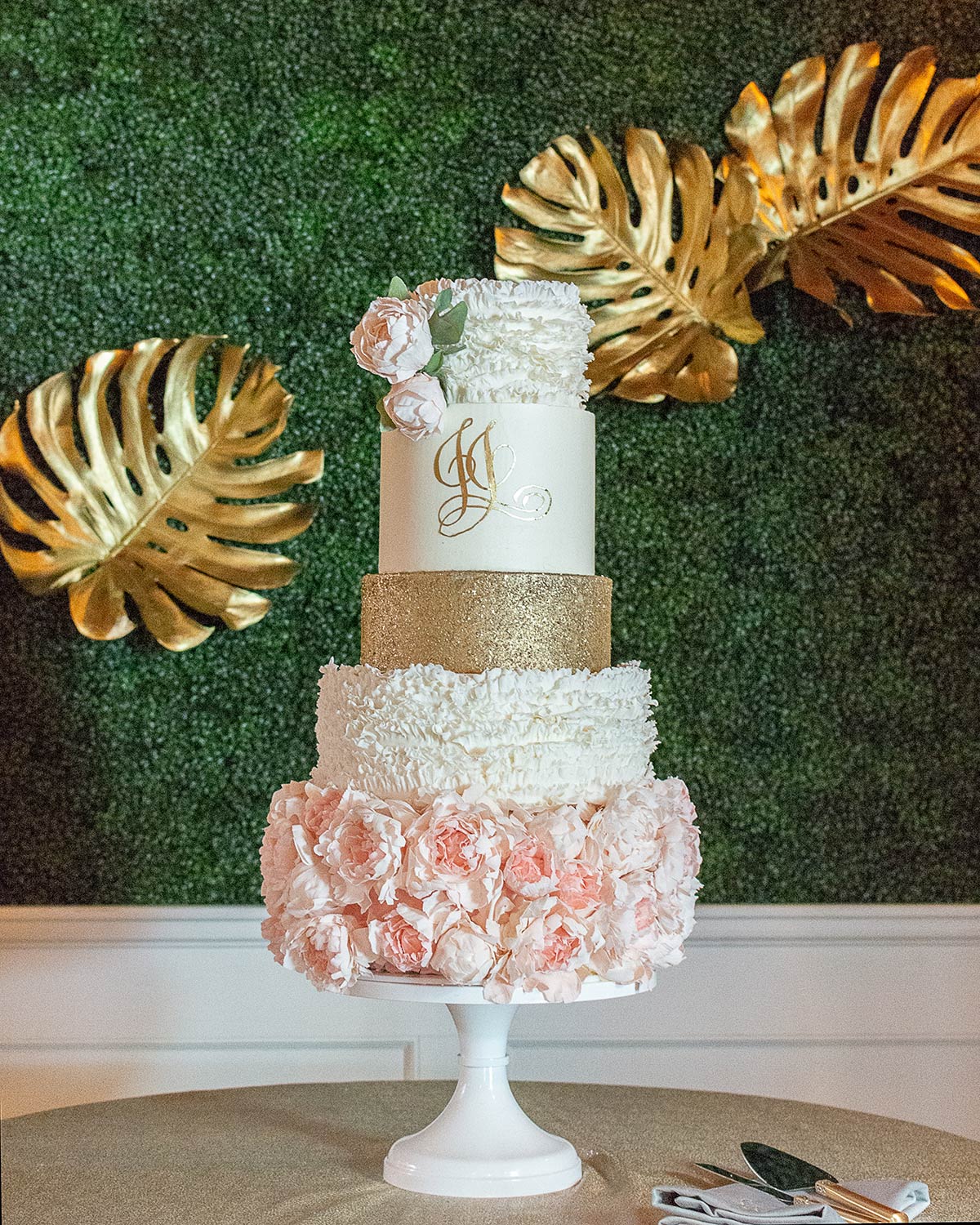 Edible Ruffles and Sugar Flower with Gold Accents Cake